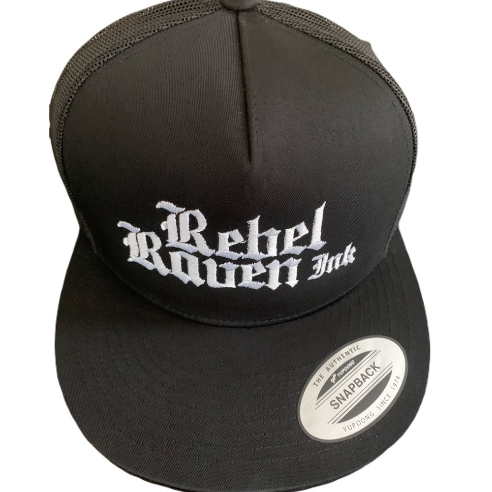 RebelRaven Ink Black Snap Hat w/White Winged Logo